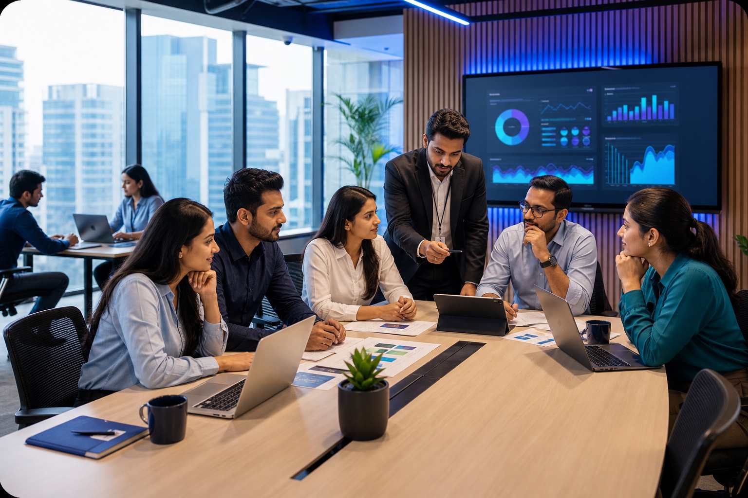Professionals collaborating around a table in a modern workplace